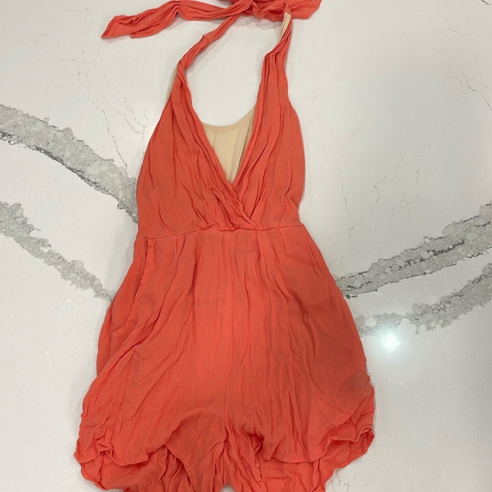 Ark & Co Coral Rayon Romper with nude underlay. Halter/tie neck